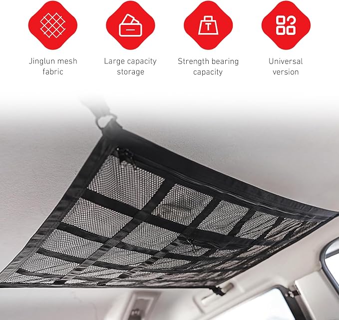 Car Ceiling Cargo Net, Double-Layer Overhead Storage Mesh Organizer, 31.5 x 21.6 Inch Roof Storage Pocket for SUV Van Truck, Camping Road Trip Overlanding Essentials (Black)