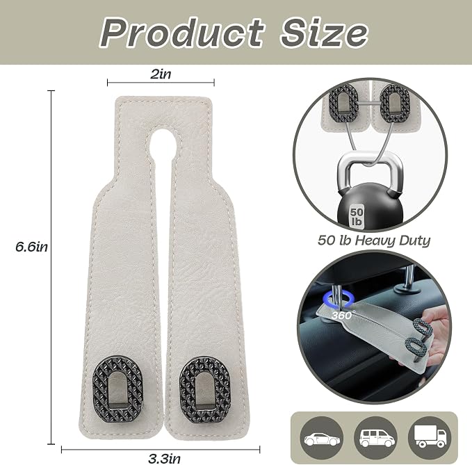 Car Headrest Hooks Universal Car Purse Hook Premium Leather and Alloy Twin Hook Car Seat Back Storage Hanger Hook for Purse Bags Cloth Drink Durable Holder Car Accessories (BH09-White-Black-4 Pcs)