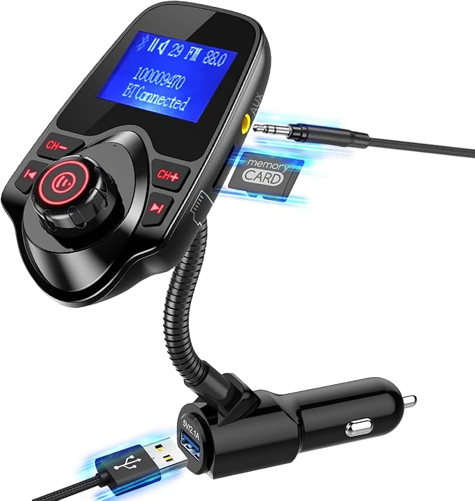 ONN FM Bluetooth FM Transmitter for Car, Bluetooth Car Adapter, Black | Dual USB Fast Charging, Bluetooth 5.0, 1.44" LCD, Bluetooth USB MicroSD AUX, Flexible Gooseneck, 12V-24V for Cars SUVs Trucks