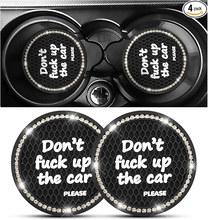 2 Pack Bling Car Coasters for Cup Holder, Crystal Rhinestone 2.75 in Cup Holder Coaster, Silicone Anti-Slip Insert Cup Mats for Women, Interior Accessories Universal for Most Cars (Black/White)