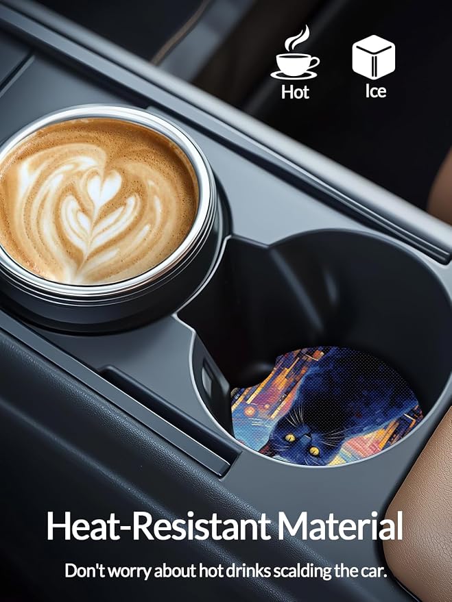 WOCOCN Cute Cup Holder Coasters for Your Car with Fingertip Grip, Auto Accessories for Women & Men,Pack of 2(Starry Sky Cat)