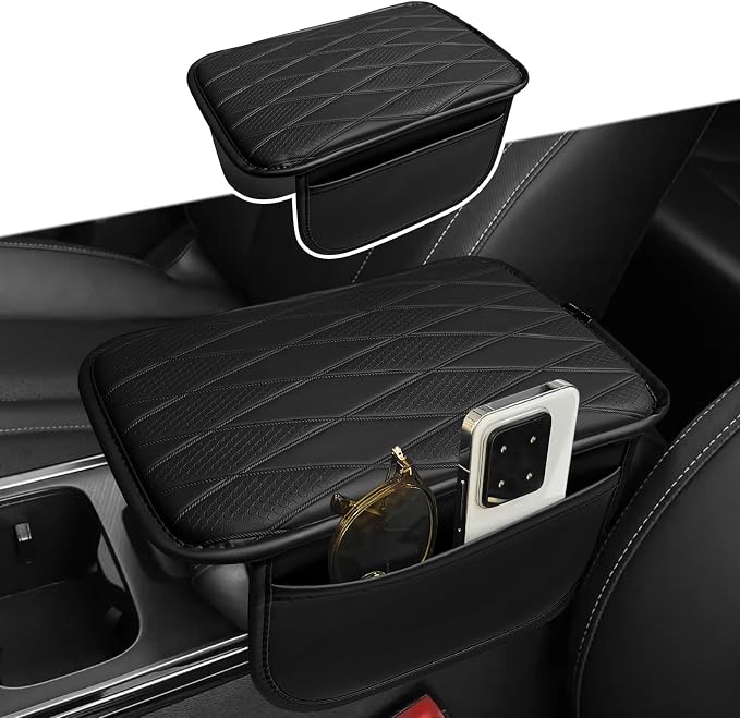 Muslogy Center Console Armrest Cover Fit for Most Vehicle SUV Sedan Universal Accessories, Comfort Armrest Pad Console Lid Cushion Vegan Leather Regular Thick (w/Side Pockets)