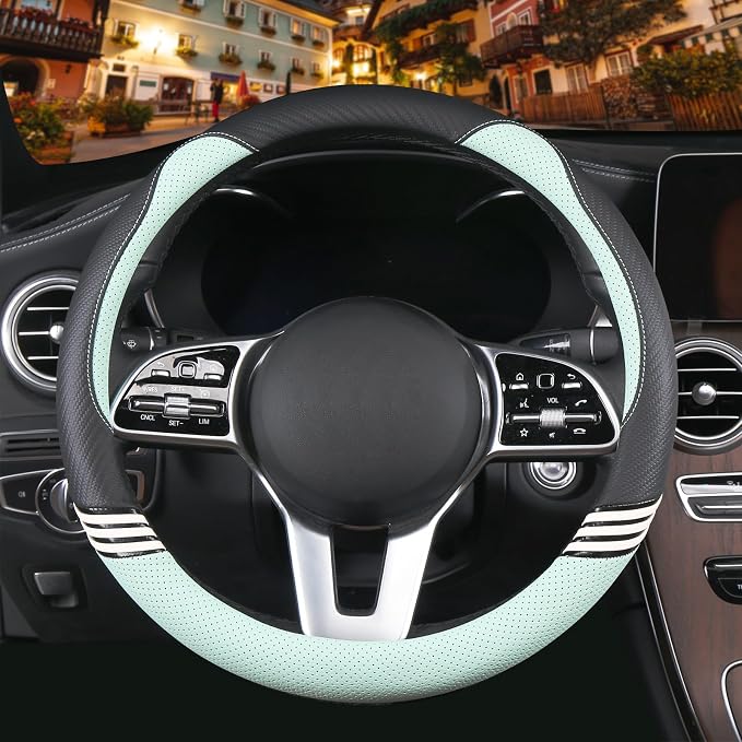 Small 14 inch Cute Leather Steering Wheel Cover Black and Green | Breathable Non-Slip Faux Leather and Carbon Fiber Car Accessories for Women Men 13.5 inch to 14 inch