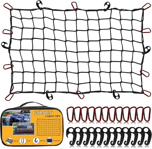 GSPSCN Cargo Net 3' x 4' for Truck Pickup Bed, Trailer,Boat,RV SUV Stretched to 9'x12' Max Roof Rack Net, 4”x4” Mesh Heavy Duty Bungee Cord Net for Tacoma,Frontier,Colorado & Subaru Crosstrek