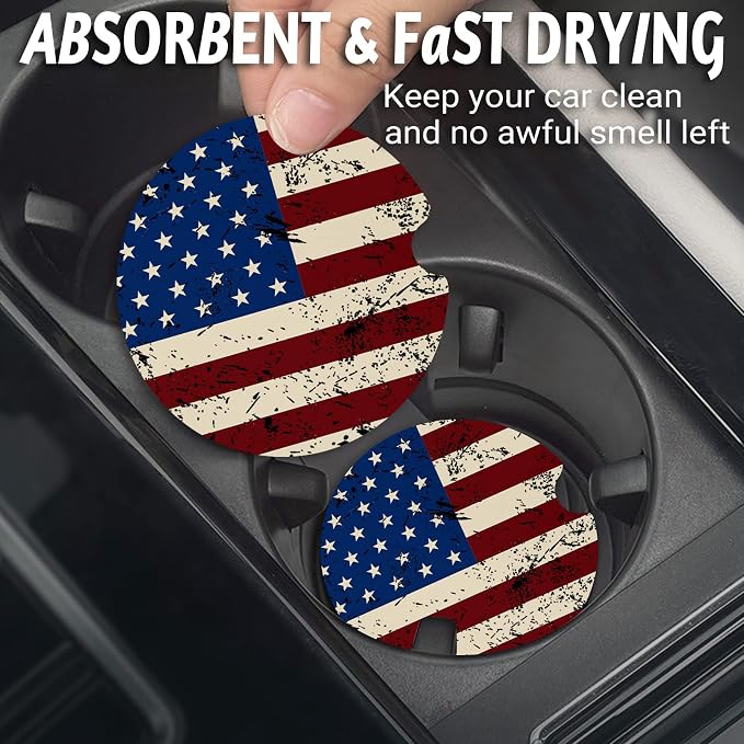 Yonlevres Car Coasters for Cup Holders，2.75" Anti Slip Rubber Mat with A Finger Notch, 2 Pack Car Cup Holder Coasters for Car Interior Accessories for Women Men American Flag