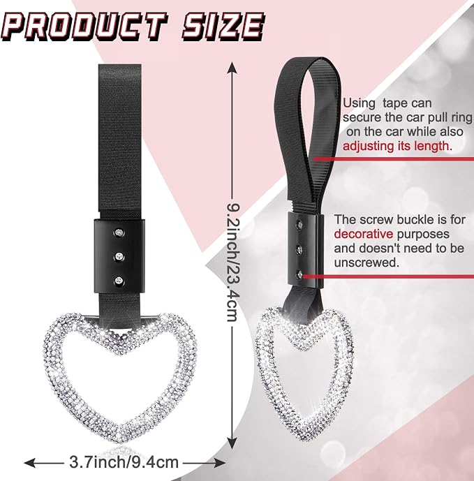 Fabbay Bling Car Accessories Bling Heart Handle Ring Car Accessory for Women Heart Hand Strap Drift Charm Rear Bumper Warning Ring Decor for auto Bus Interior Exterior Decoration (White,Heart Style)