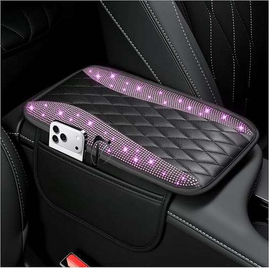 IHOTDER Bling Rhinestones Center Console Covers for Cars,Upgraded Arm Rest Cover for Car with Side Storage Pocket for Car Seat Organizer,Middle Console Cover Stylish Car Decoration (Bling Purple)
