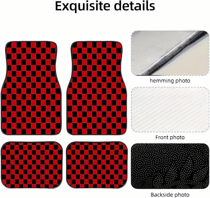 Universal Fit Car Floor Mats Set of 4Pcs, All-Weather Front Rear Car Carpet Mats, Non-Slip Car Floor Mat Car Accessories for Automotive Trucks SUV Sedans Vans (Black and Red Checkered)