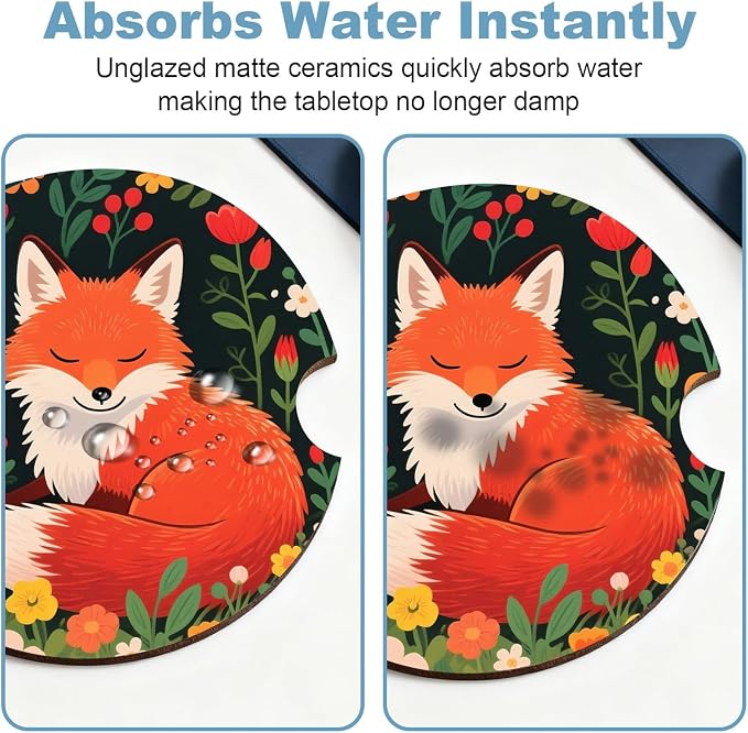 Car Cup Holder Coaster Set of 2, 2.56 in Ceramic Coasters, Scratch-Resistant Cork Backing, Finger Groove Design for Easy Placement, Cute Car Accessories Interior for Women (Red Fox)