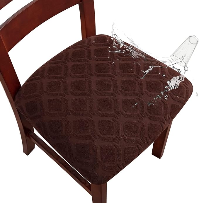 Genina Waterproof Seat Covers for Dining Room Chairs, Stretch Chair Covers Removable Washable Dinning Room Kitchen Chair Seat Cushion Slipcovers (Jacquard-Chocolate, 4 PCS)