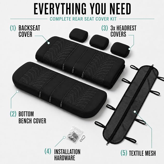 FH Group Rear Set Travel Master Car Seat Covers - Universal Fit, Split Bench Rear Seat, Washable, for SUV, Sedan, Black
