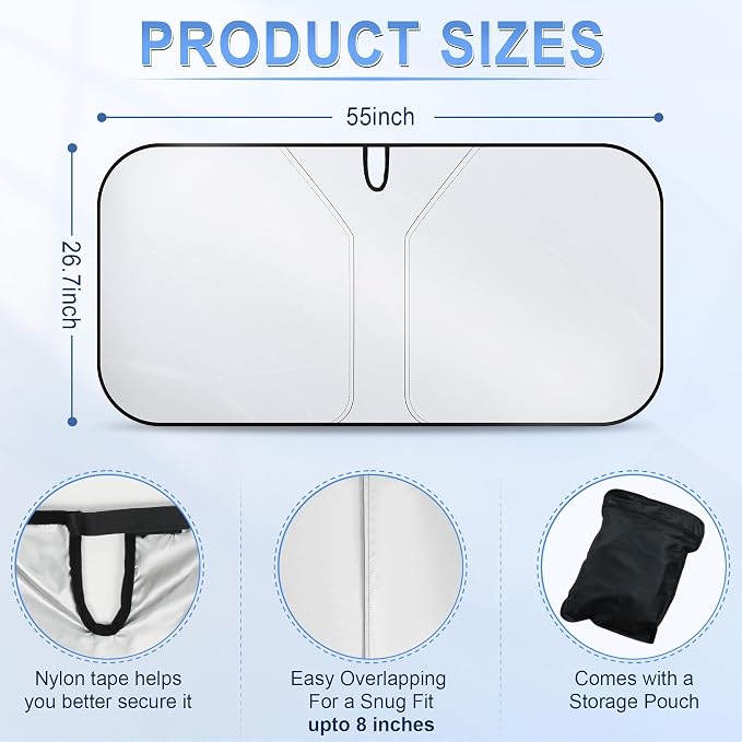 SINGARO 300T Universal Car Windshield Sun Shade, Foldable Reflective for Windshield & Window Shades with Overlapping Design, Car Interior Accessories (58" L x 32" W)