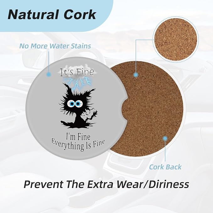 Lightning Black Cat Car Coasters for Cup Holders,2 Pack Car Cup Holder Coasters for Car,Ceramic Absorbent Car Coaster with A Finger Notch and Cork Base,Car Interior Accessories for Women Men