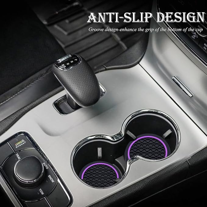 2-Piece Anti-Slip Car Cup Coaster Set – 2.75 Inch Auto Insert Drink Mats, Perfect for Coffee & Beverages – Stylish Interior Decor for Women & Girls (Black & Purple)
