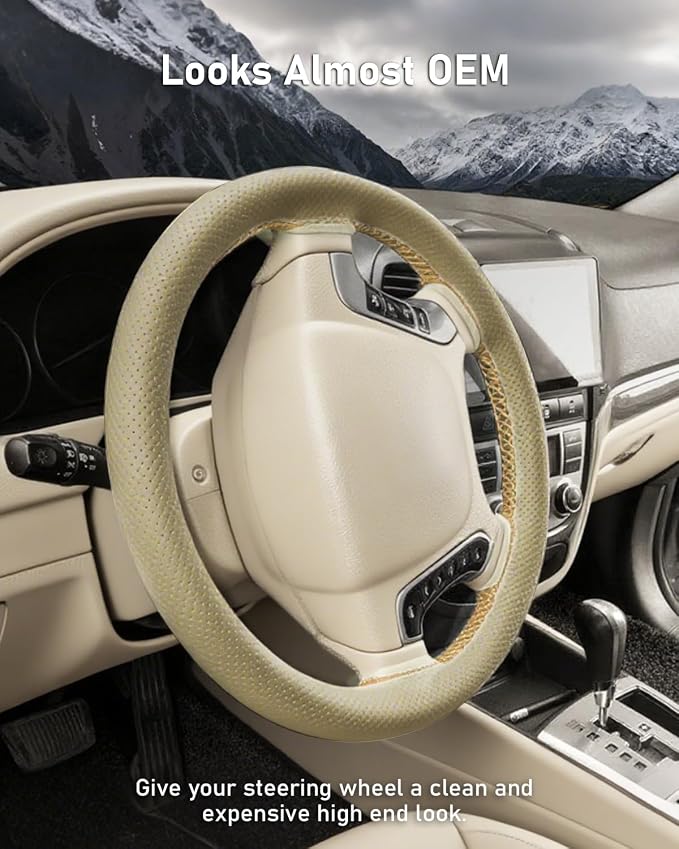 Belinous Perforated Leather Car Steering Wheel Cover (Size M5, Beige) | Stitch On Wrap, Universal fit 13-20 Inch, Whole Piece of Cowhide, DIY w/Needle Thread, Breathable Anti-Slip Design