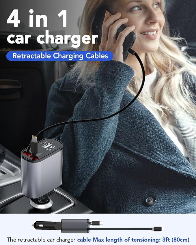 Retractable Car Charger,Car Phone Charger USB C Fast Charge for iPhone | EloBeth Car Charger,Cigarette Lighter USB Charger Car Accessories,Road Trip Essentials Gift for Men,for iPhone 17/16,Galaxy
