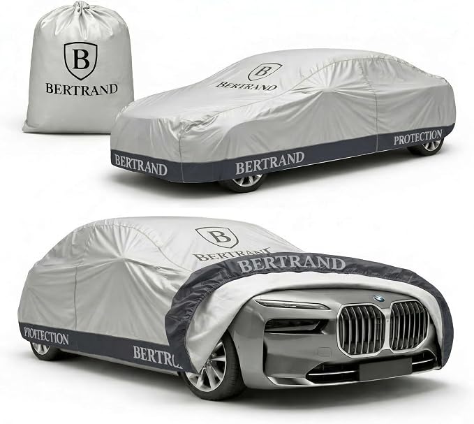 BERTRAND Heavy Duty Sedan Car Cover Waterproof All Weather - Snow, Rain & UV Outdoor Protection | Cotton-Lined, Up to 10-Point Anchoring + Door Zipper | Extra Large Sedans, Silver-Black (195x75, A3)