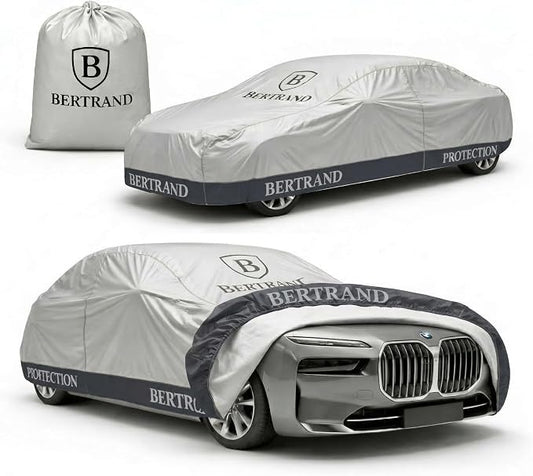 BERTRAND Heavy Duty Sedan Car Cover Waterproof All Weather - Snow, Rain & UV Outdoor Protection | Cotton-Lined, Up to 10-Point Anchoring + Door Zipper | Extra Large Sedans, Silver-Black (195x75, A3)