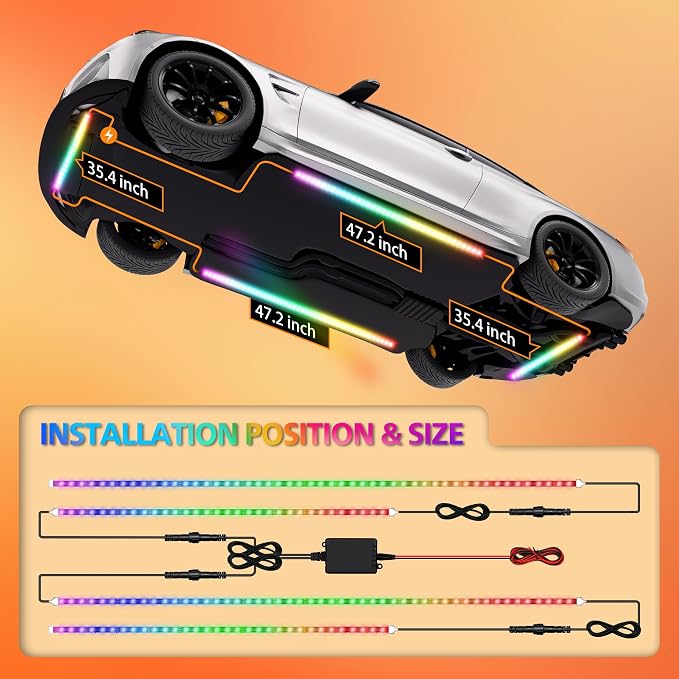 Underglow LED Light Kit 252 RGBI DIY Neon Strip for Car Truck | Underbody Exterior Accent Lighting with 16 Million Colors Music Sync Mode, for RV, SUV, Boat, Vans, 12V DC, IP65 Waterproof