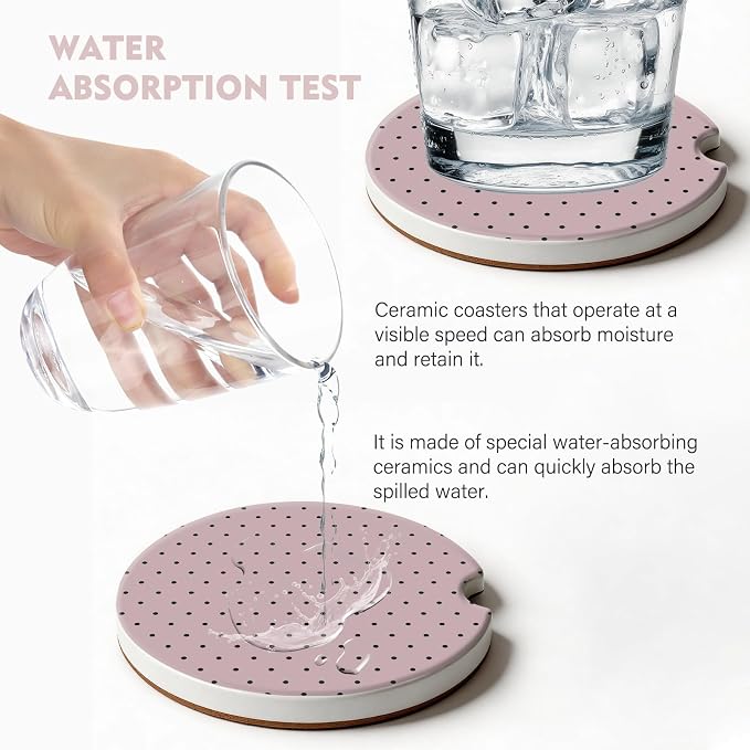 2 Pack Car Coasters for Cup Holders, Absorbent Ceramic Cup Coaster with Cork Base and Finger Notch, Cute Car Accessories Interior for Women Men (Pink Polka Dots)