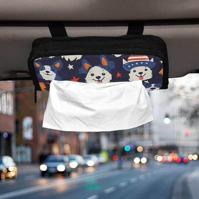 Car Visor Tissue Holder Mask Holder for Car, Car Tissue Box Sun Visor Napkin Holder Car Visor Accessories Adjustable Straps Reusable Durable Easy to Install July 4th Cute Dogs Blue