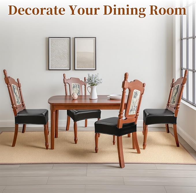 Waterproof Dining Chair Seat Covers Leather Kitchen Seat Covers, Stain Resistant Stretch Chair Seat Covers for Dining Room Chairs Set of 8, Rear Covered Washable Dining Chair Covers Black