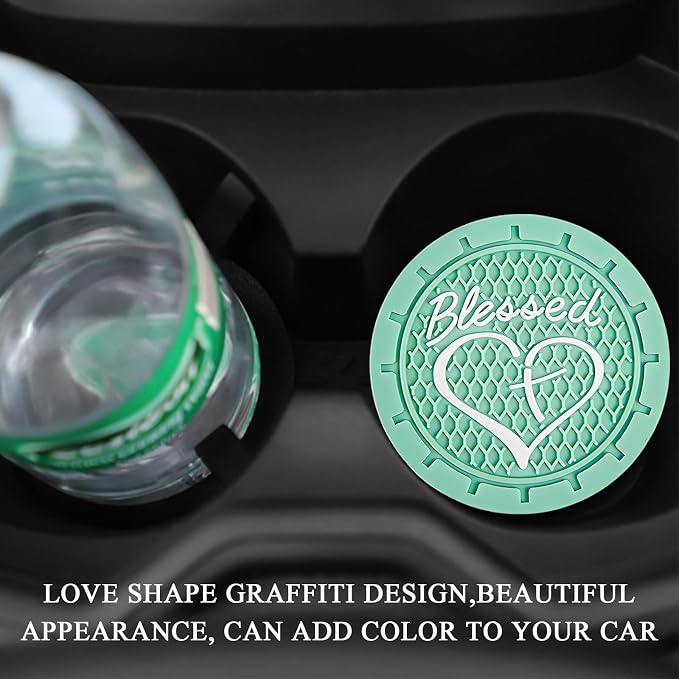 KVAEY 2 PCS Car Cup Holder Coasters, 2.76 Inch Anti Slip Vehicle Drink Mats with Cute Blessed Cross and Heart, Shockproof, Universal Car Accessories (Light Green, 2 PCS)
