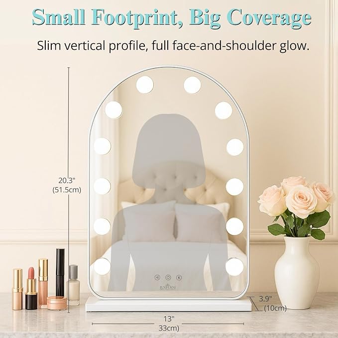 LUXFURNI Vanity Mirror with Lights, 20.5" Arched Hollywood Makeup Mirror | 12 LED Lights, 3 Color Modes, Touch Memory Control, Arched Frame No‑Bend Full‑Face View, HD Anti‑Glare Rust‑Resistant Glass