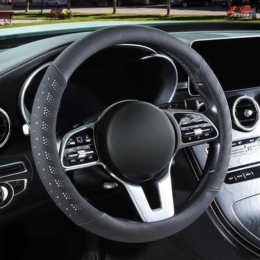 3D Slim Soft 16 inch Leather Steering Wheel Cover Black with White | Breathable Anti-Slip Premium Skin-Feel Perforated Thin Nappa Leather, Large 15.5 inch to 16 inch