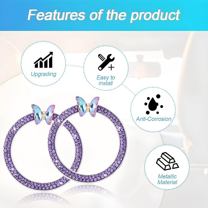 2PCS Bling Car Engine Start Stop Decoration Ring, Crystal Rhinestone Auto Push Start Button Ignition Ring Sticker, Vehicle Decor Accessories for Women Girls, Universal for Vehicles (Purple)