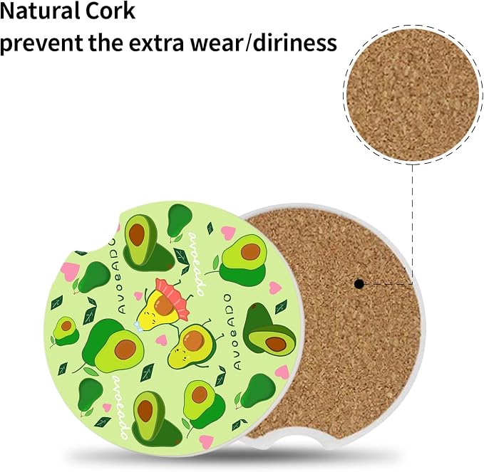 Cute Avocado Car Coasters: Pack of 2, Absorbent Ceramic Drink Cup Holder Coasters with Finger Notch for Easy Removal