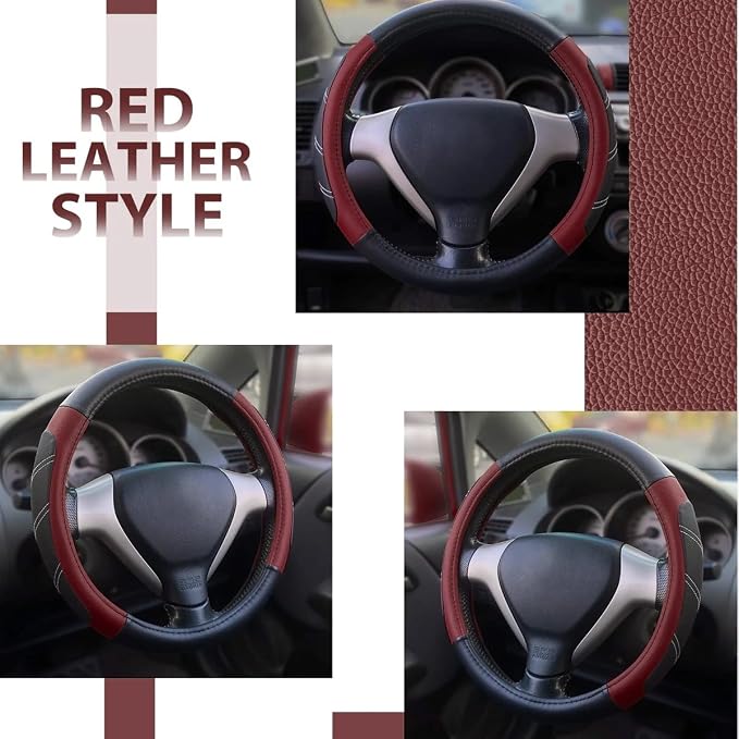 Car Steering Wheel Cover, 15 Inch Leather Breathable Auto Wheel Protection Cover with Non-Slip Lining, Padded Soft Grip Vehicle Steering Protector, Universal Fit (Black/Wine Red)