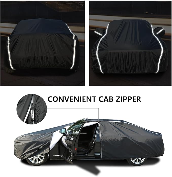 Tecoom Car Cover Waterproof All Weather, Outdoor Indoor Car Covers with Zipper Door, Cotton Backing Full Exterior Covers, Snowproof UV Protection Windproof, Universal Fit for Sedan (191"-200")