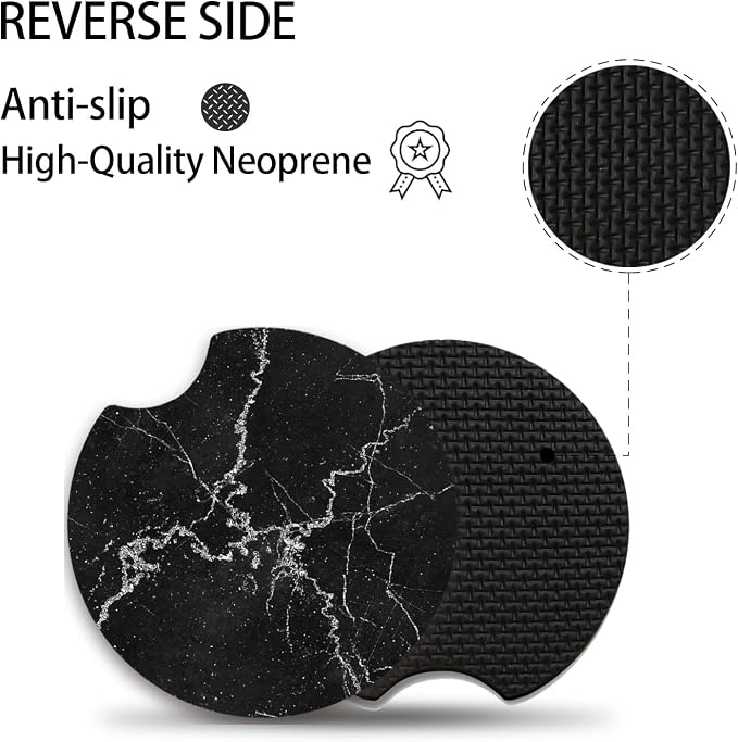 Car Accessories for Women&man, Car Coasters for Cup Holders, Pack of 2 2.75inch Universal Anti Slip Car Assecories, Car Coasters with A Finger Notch(Black Marble)