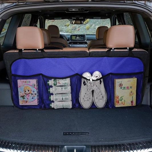 Car Trunk Organizer, Large Capacity Backseat Hanging Storage Bag with 4 Pockets, Waterproof Foldable Car Interior Organizing Accessories, Universal for SUV, Truck, Van, MPV (Blue)
