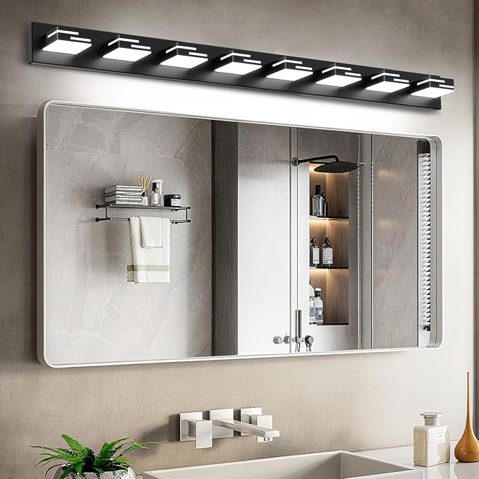 LED Modern Bathroom Vanity Light Fixtures, Dimmable Matte Black Vanity Lights for Bathroom Lighting Fixtures Over Mirror, with 360° Rotatable Acrylic Heads 8-Light 54-inch 5CCT