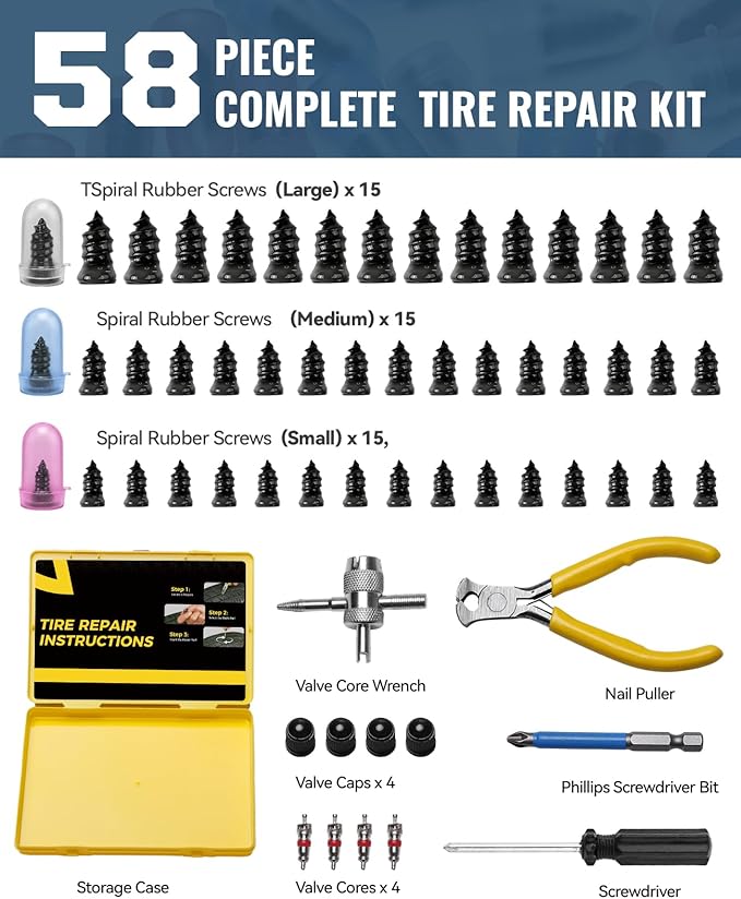 AUTOWN Tire Repair Kit with Tire Plugs Screw Type, Heavy Duty Flat Tire Puncture Repair Nail Kit for Car, Truck, Motorcycle, SUV, ATV, Tractor