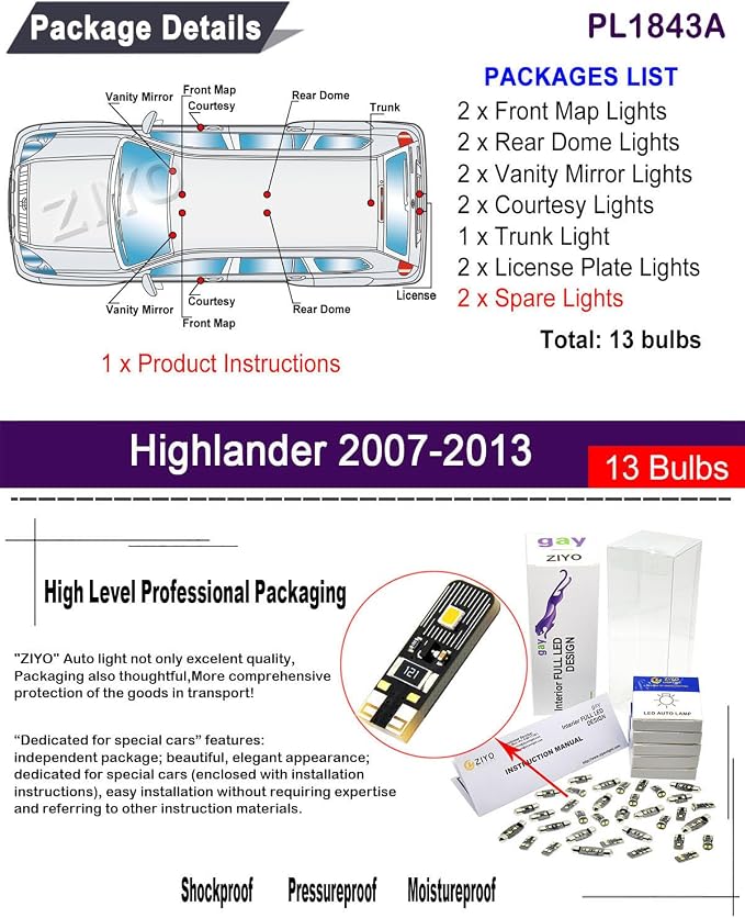 PL1843A Replacement for Toyota Highlander Kluger 2007-2014 LED Interior Light kit, 6000K White Dome Lights Accessories Package + License Plate Light Bulbs Upgrade (13 Bulbs)