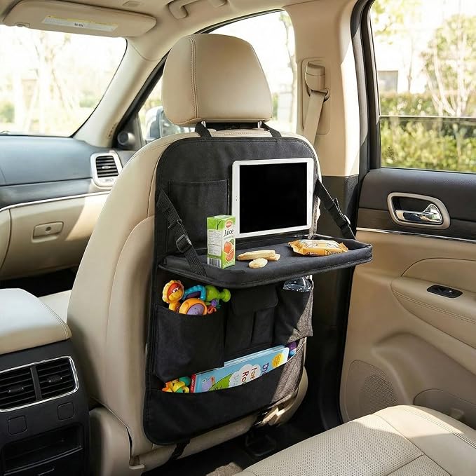 Car Backseat Organizer with Foldable Table Tray, Oxford Cloth Car Seat Back Kick Mat Protector, Multifunctional Auto Interior Hanging Storage Pocket for Cars, SUVs(With)