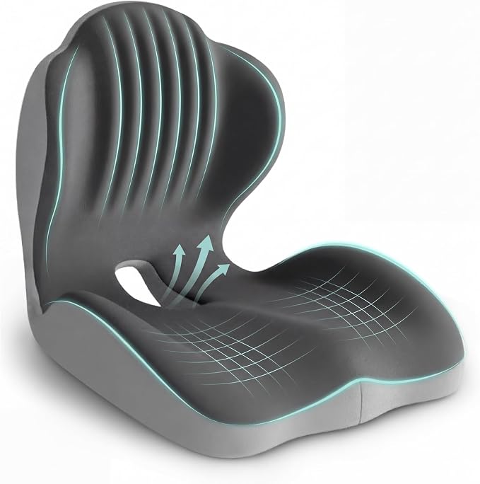 Ergonomic Seat Cushion, Office Chair Seat Cushions with L-Shaped Integrated Design, Memory Foam Orthopedic Cushion with Coccyx Hollow, Lumbar Support & Tailbone Pain Relief for Long Sitting (Grey)