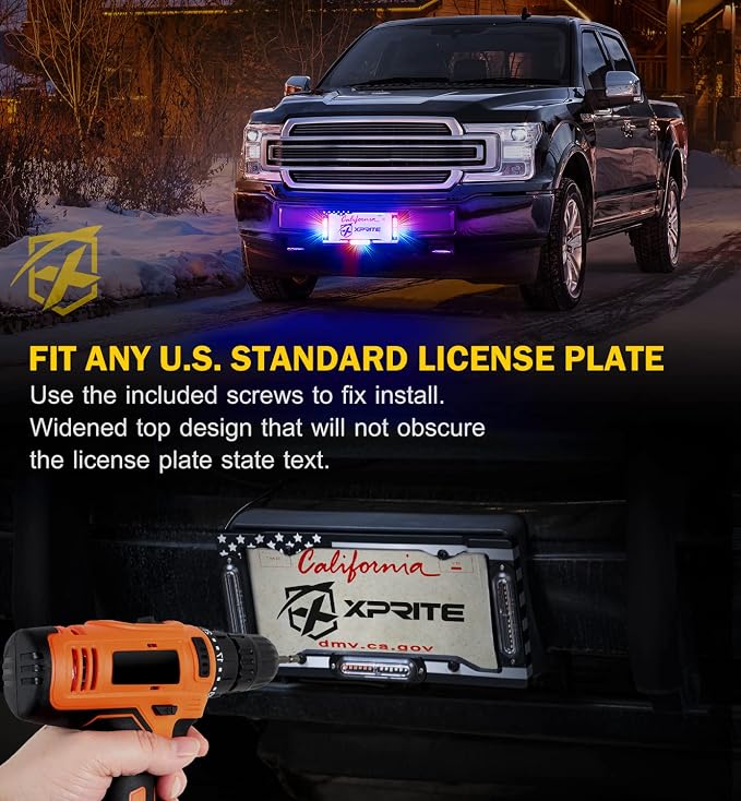 Xprite 36 LED License Plate Strobe Light, US Flag Front/Rear Utility Lights, 22 Modes Caution Frame for Construction Towing Snow Plow Pickup Work Trucks Cars - Multi Color (w/Pre-Installed 9FT Cable)