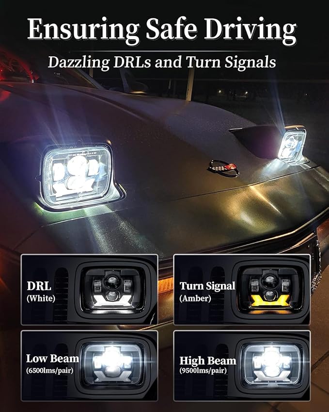 HWSTAR Pair Premium H6054 5x7 7x6 Led Headlights,Sealed Beam Replacement Compatible with Jeep Cherokee XJ Wrangler YJ DRL Turn Signal Hi/Low Sealed Beam Ford Chevy GMC Toyota Nissan Dodge etc Black