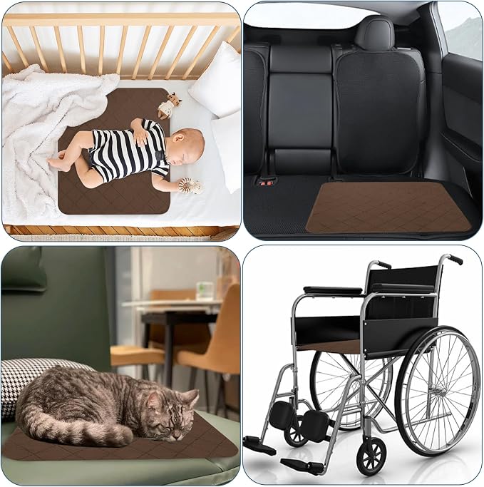 Waterproof Chair Pads for Incontinence, 4 Pack Reusable Seat Protector Pads 18" x 16", Absorbent Wheelchair Pad Covers, Washable Chair Pads for Adults, Kids & Pets - Brown