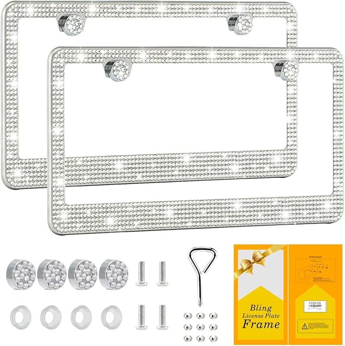 FIISFIIS Bling License Plate Frame for Women,2 Pack Premium Stainless Steel Rhinestone Car License Plate Holder,Handmade Glitter Crystal Diamond Girl Lincense Plate Cover ,Bedazzled Sparkly Caps-White