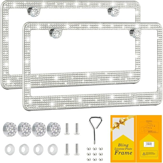 FIISFIIS Bling License Plate Frame for Women,2 Pack Premium Stainless Steel Rhinestone Car License Plate Holder,Handmade Glitter Crystal Diamond Girl Lincense Plate Cover ,Bedazzled Sparkly Caps-White