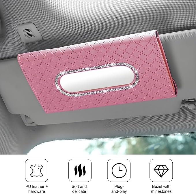 Bling Car Visor Tissue Holder, Crystal Rhinestones Vehicle Sun Visor Hanging Napkin Organizer Case with Ergonomic Take Out Port, Automotive Interior Tissue Dispenser, Universal Fit (Pink)