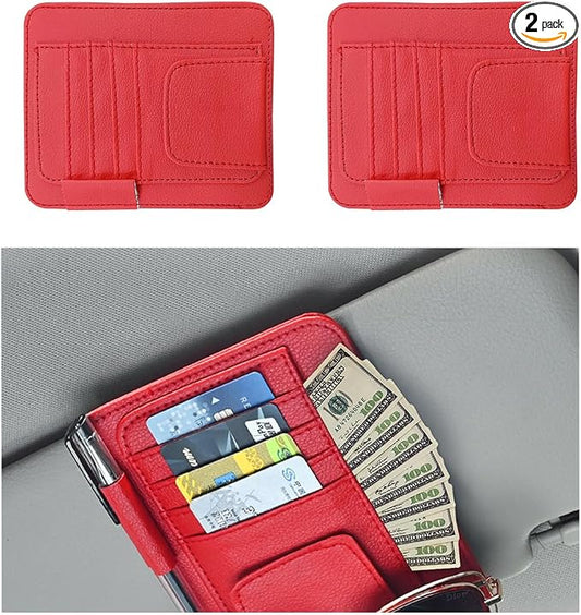 Augeny 2 PCS Car Sun Visor Organizer, Small Auto Visor Organizer and Storage, Registration and Document Holder for Sunglasses, Card, Pen, Driver License, Car Accessories (Red)