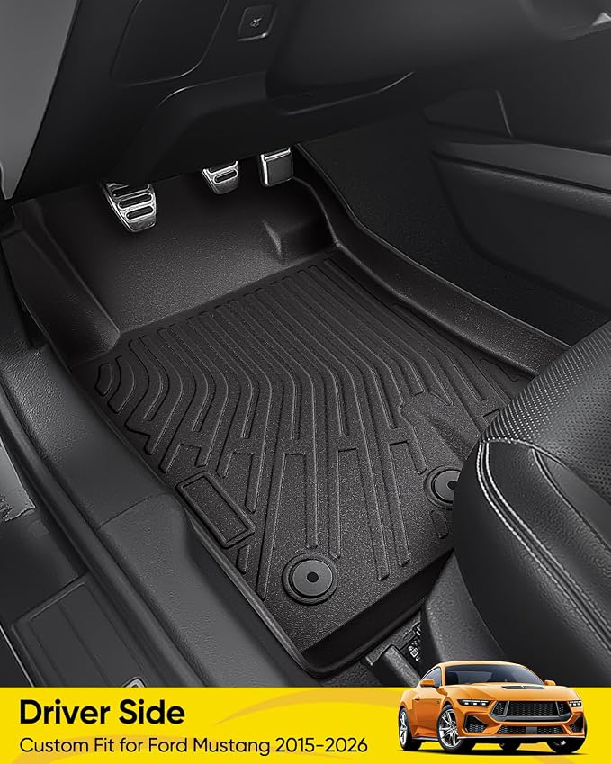 Car Floor Mats for Ford Mustang 2015-2025 2026 5PCS Full Set Not for Mach-E | All Weather Full Coverage Floor Liners Heavy Duty Waterproof Long-Lasting Mustang Accessories TPE Rubber Carpet