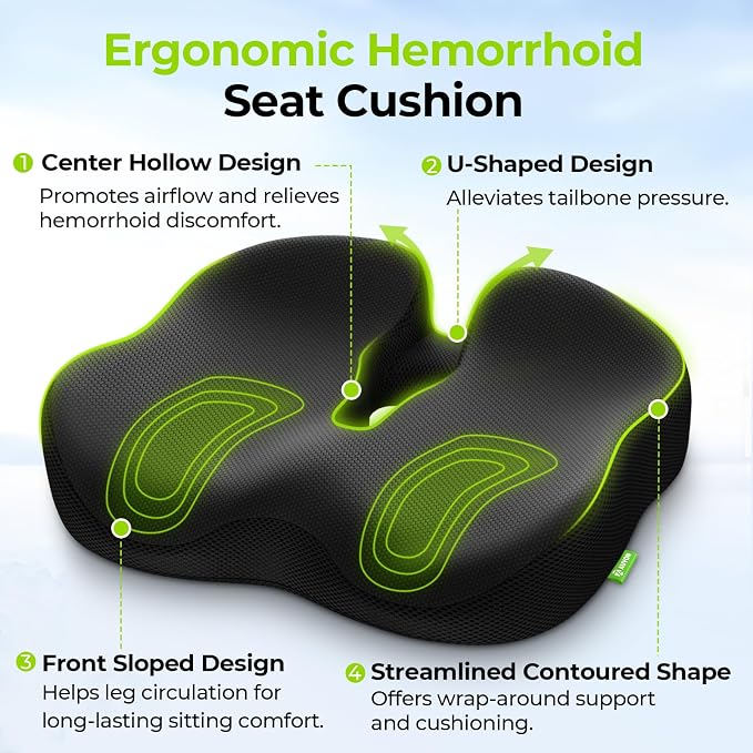 AUVON Ergonomic Donut Pillow Seat Cushion for Hemorrhoid & Back Pain Relief | Thick Memory Foam Chair Cushion with Firm Support for Tailbone, Sciatica, Pressure Sores, Pregnancy, Postpartum Recovery