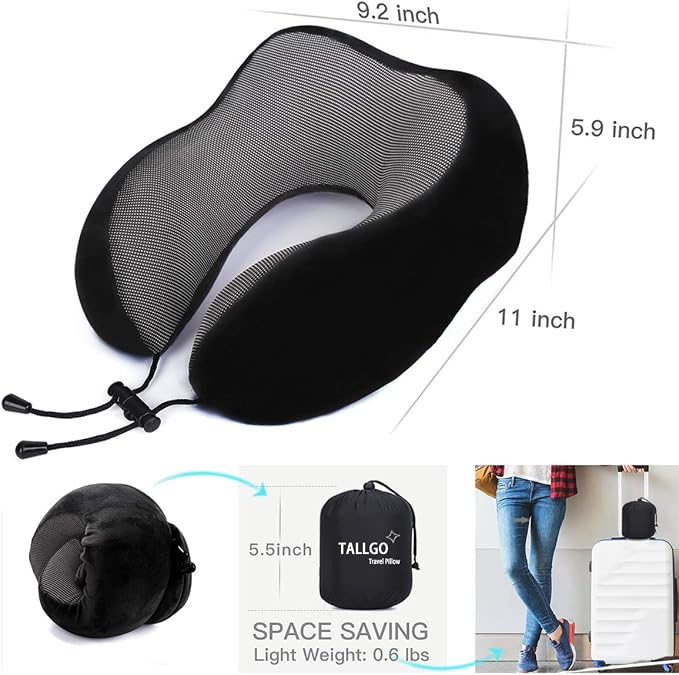 TALLGO Travel Pillow, Best Memory Foam Neck Pillow Head Support Soft Pillow for Sleeping Rest, Airplane Car & Home Use (Black)